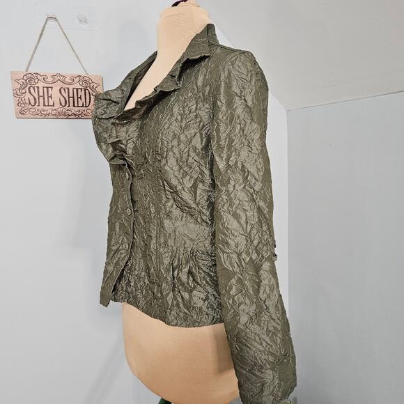 Chico's Olive Green Jacket Crinkle Textured Womens Medium Ruffled Career Mature - Picture 5 of 13